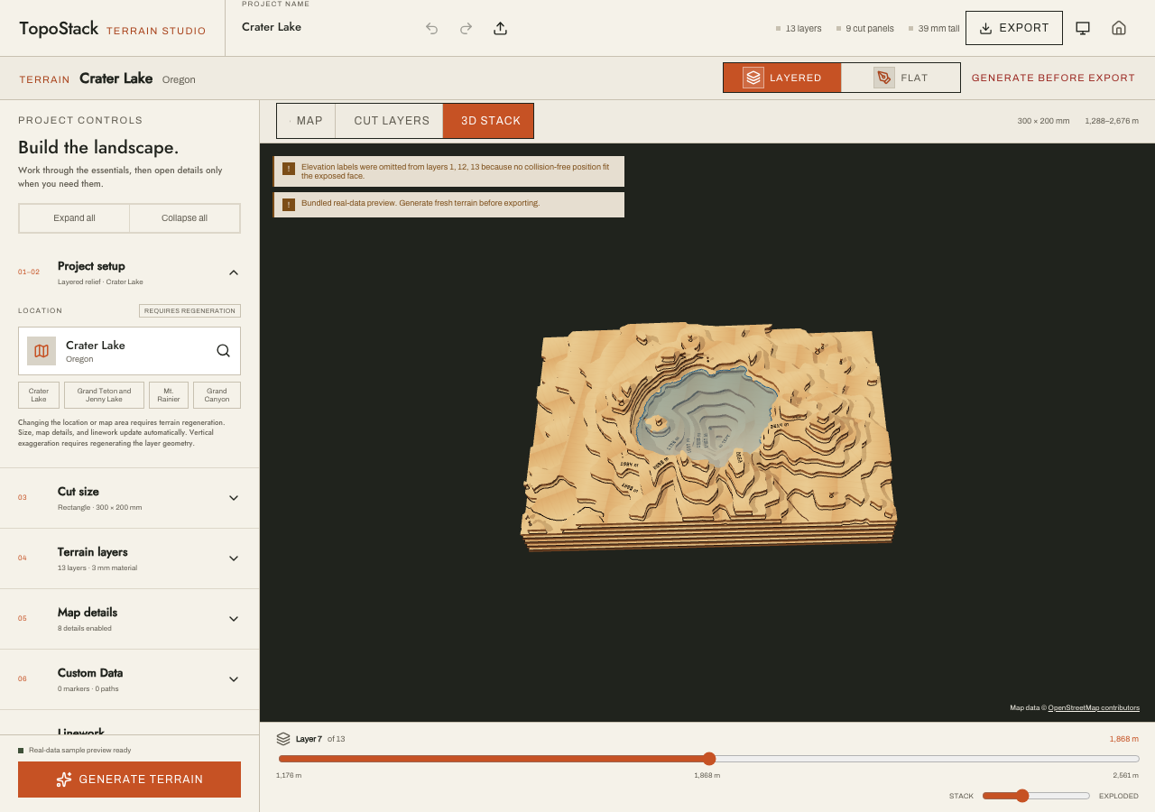 Crater Lake's bundled terrain preview in TopoStack, shown as an exploded 3D stack with project and layer controls.
